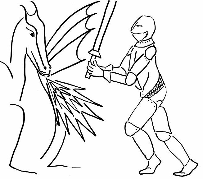 Sketch of a knight fighting a fire-breathing dragon